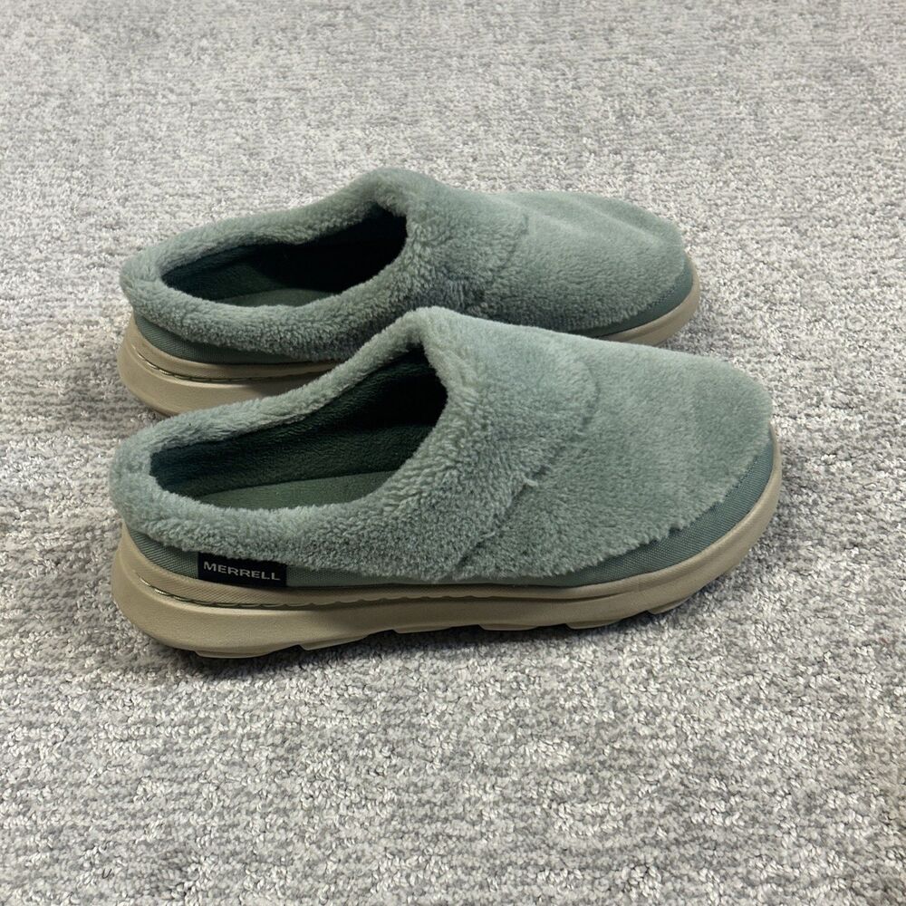 Merrell Hut Moc 2 Slide Cozy Shoes Womens 9 Sage Green Sherpa Fleece Slippers